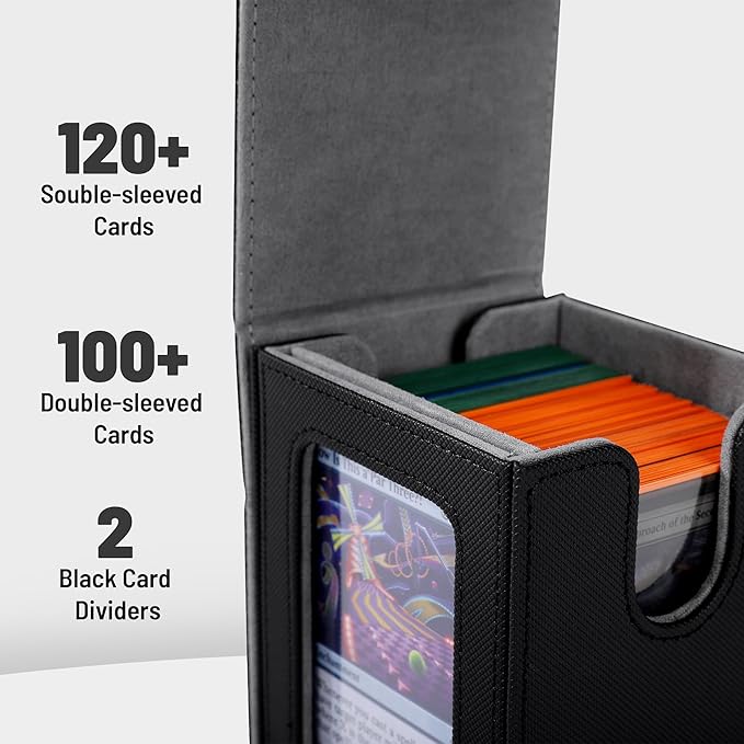 Commander deck box with window Fits 100 Double Sleeved Cards, One‑Piece Design, 4 N52 Magnets, PU Leather & Microfiber Lining,deck box mtg with 2 Dividers