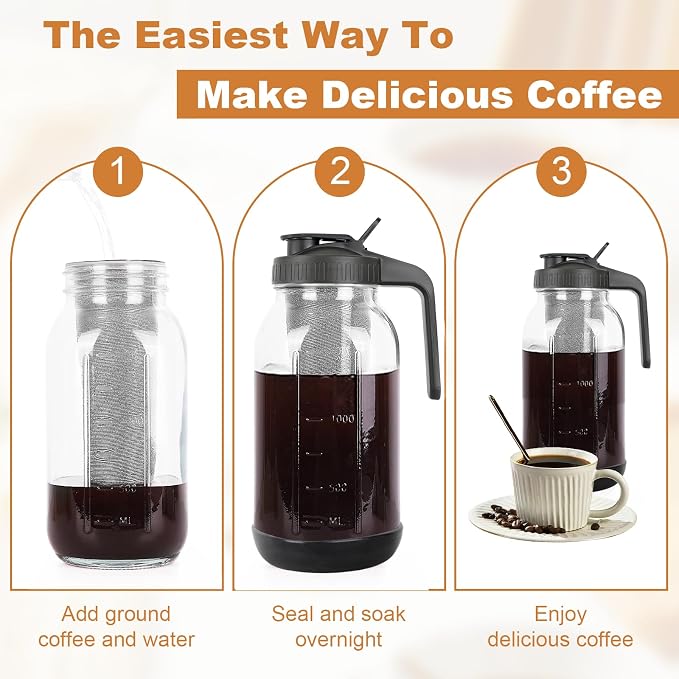 Cold Brew Coffee Maker, 64oz Mason Jar Pitcher with Stainless Steel Filter, Sealed, Leak-Proof Lid with Pour Spout & Handle, Heavy Duty Glass Iced Coffee Tea Brewer with Non-Slip Silicone Base-Black