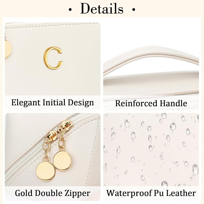 KKXIU Initial Makeup Bag for Women - Personalized Makeup Bag Gifts for Women, Travel Toiletry Bag with PU Leather, Open Flat Design with Top Handle, Cosmetic Bag Set with Multi-Pocket (Beige,C)