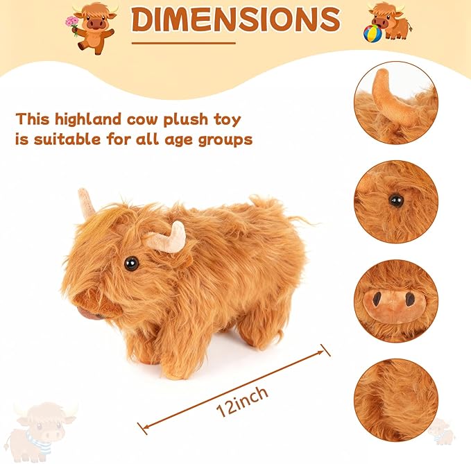 TICHA 12“- Highland Cow Stuffed Animal Plush Toy, Soft Fluffy Scottish Cattle Plush Pillow, Realistic Highland Cow Decor, Home Decor, Couch Pillow