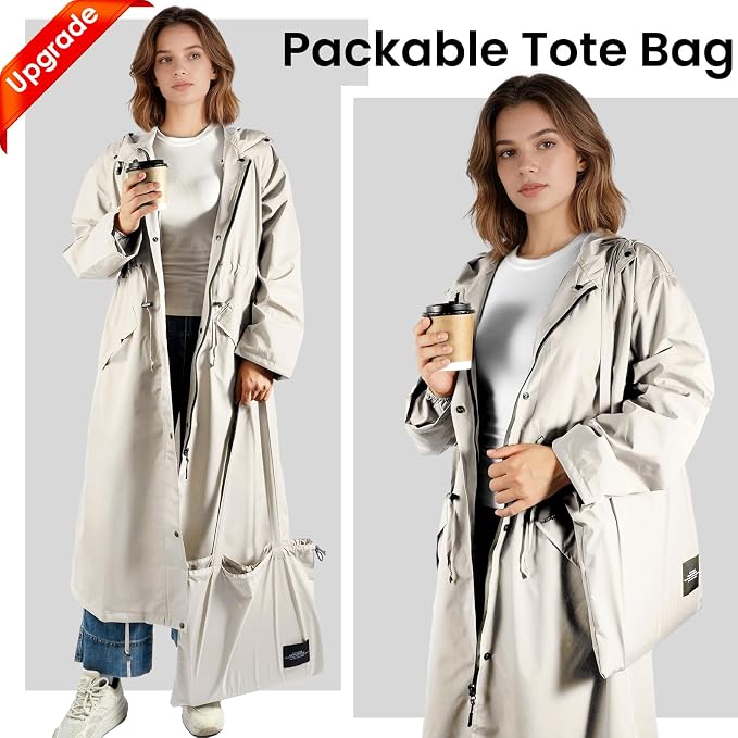 LAMA Womens Long Raincoats Rain Jacket Waterproof Packable Hooded Windbreaker Lightweight Adjustable Waist for Outdoor