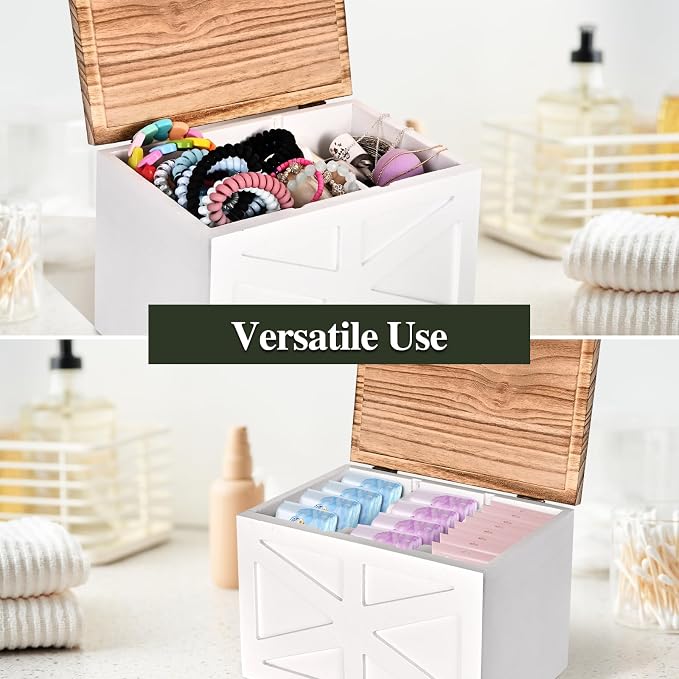 Tampon holder for bathroom，Feminine Product Organizer With Lid，Wood Tampon storage(White)