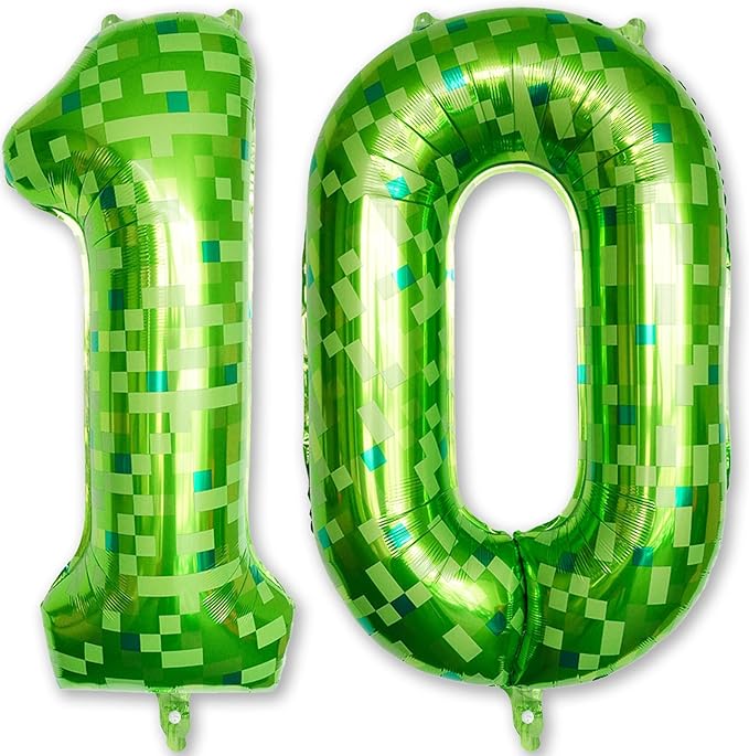 Number 10th Birthday Balloon Lime Green Pixel, 40 Inch Large Dark Kelly Green Number 10 Foil Balloons for Boys 10 Year Old Birthday Video Game Forest Golf Patrick's Day Party Decorations Supplies