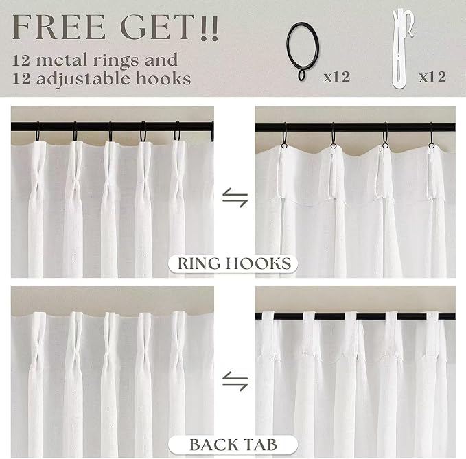90 Inches Long Linen Curtains 60 Inch Width Pinch Pleated 90 Inch Length for Living Room Bedroom Ivory Off White Semi Sheer Back Tab Hooks Rings Pinch Pleat Curtains for Patio Glass Door 1 Panel