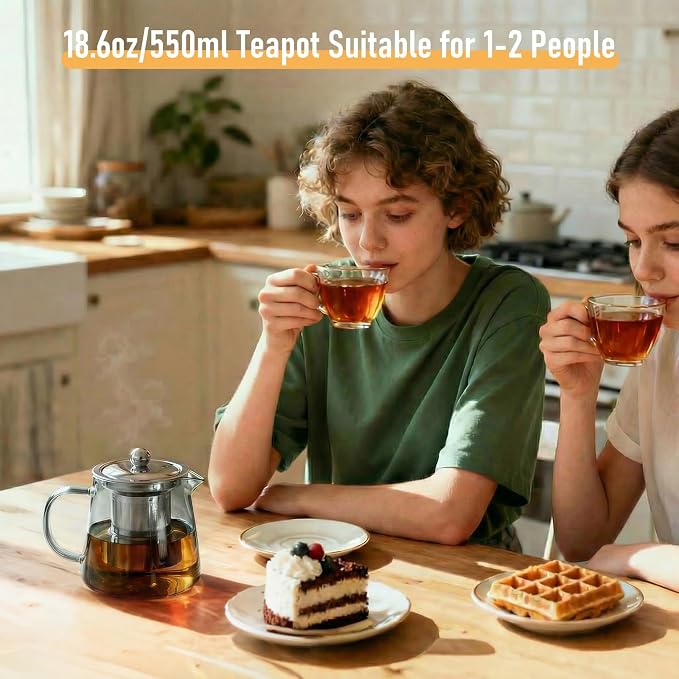 PARACITY Glass Teapot Stovetop 32OZ, Borosilicate Clear Tea Kettle with Removable 18/8 Stainless Steel Infuser, Teapot Blooming and Loose Leaf Tea Maker Tea Brewer (Black, 550ML)