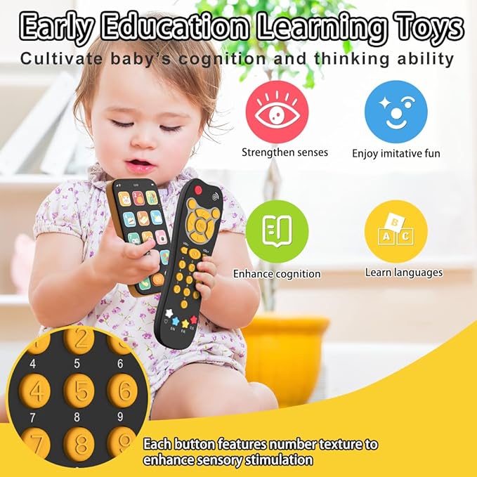 Toy Phone Baby Remote Control Toy Set, Play Phones TV Remote Control with Music Light for 6+ Months, Early Learning Baby Toys Gift for 1 Year Old Boys Girls Toddler Infant Kid, English/Spanish, Orange