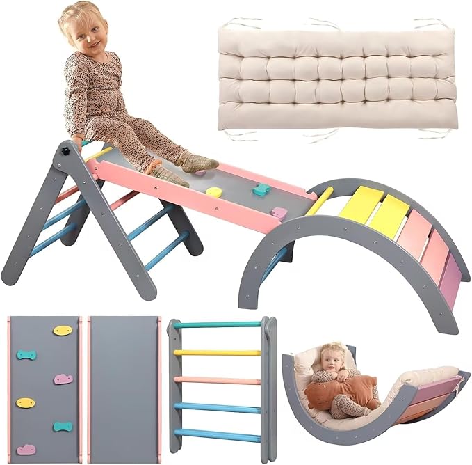 Pikler Triangle Set with Cushion, 7 in 1 Toddler Climbing Toys Indoor, Montessori Foldable Climbing Set, Wooden Climbing Toys for Toddlers 1-3 Inside with Ramp, Arch and Ladder (Rainbow with Blue)