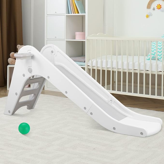 Arlopu Freestanding Kids Slide, Toddler Slide Climber with Basketball Hoop & Ball, Baby Playset w/Long Slope, for Boys and Girls Birthday, Sturdy Playground Toy for Indoor Outdoor (Grey White)