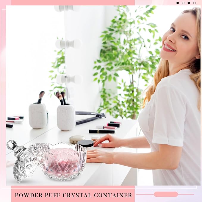 Tioncy 2 Pcs Extra Large Dusting Powder Puff and Container for Women-6'' Glass Crystal Dusting Powder Container with Body Soft Washable Reusable Velour Face(Clear,Crown)
