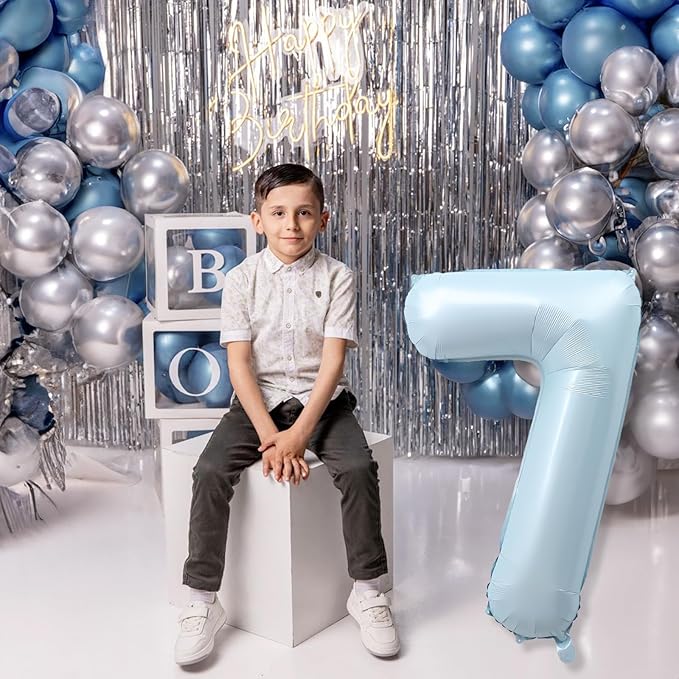 7th Birthday Balloons for Boys, 40'' Foil Self Inflating Light Baby Blue Number 7 Balloon, Pastel Dusty Sky Blue Large Helium Mylar 7 Balloon Number for Kid Birthday Party Decor Anniversary Decoration