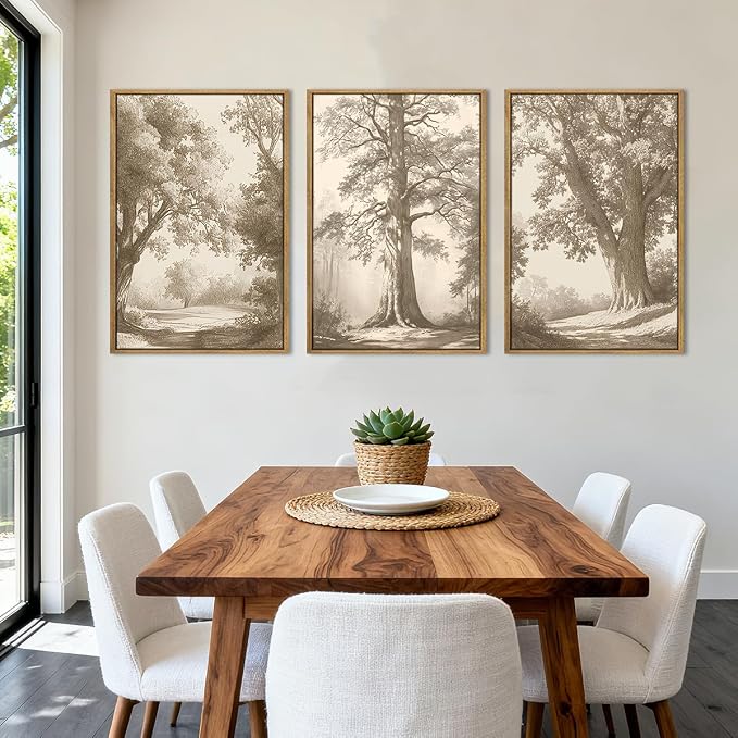 Vintage Tree Canvas Wall Art Framed Rustic Tree Landscape Sketch Antique Painting Neutral Forest Wall Decor 16x24 Inch Farmhouse Botanical Set of 3 for Living Room Bedroom