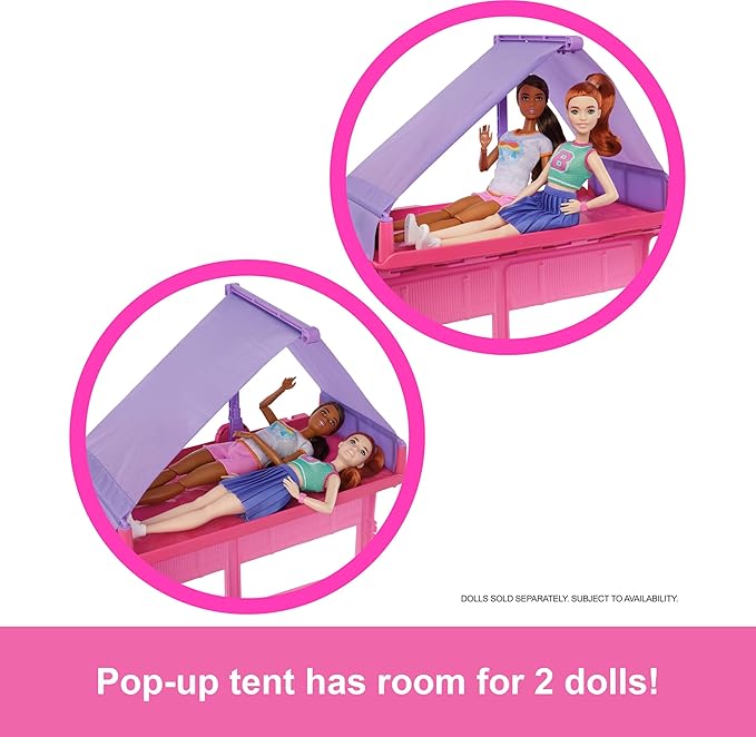 Barbie Dream Camper New for 2025 Playset with Roof Tent, Swing Chair, Fishing Pond, BBQ Grill with Color-Change Feature & 60+ Accessories Including Dough