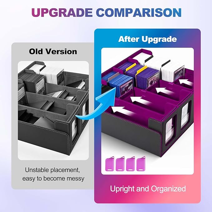 UAONO Trading Card Storage Box with Commander Display; 2400+ Deck Box for MTG with Removable Cover; Top Loaders Card Case fits Magic TCG PTCG Sports Cards; 24 Dividers, 4 Stoppers (Black, Purple)