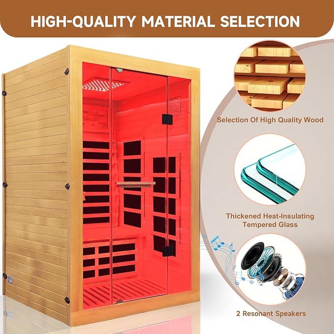 Infrared Sauna 2 Person Far Infrared Sauna Low-EMF Canadian Hemlock Wood Indoor Dry Saunas with Red Infrared Beauty Light Bluetooth Speaker Two Person Sauna 2250W 47.3 * 41.3 * 74.8 in