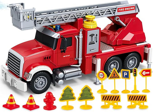 Kids Toys for 3 4 5 6 7 8 Years Old Boys, 15" Large Fire Truck Toy, Friction Powered Fire Rescue Truck Vehicle Toy with Lights and Sirens Sounds, Water Pump, Ladder, Birthday Gifts for Boys Girls