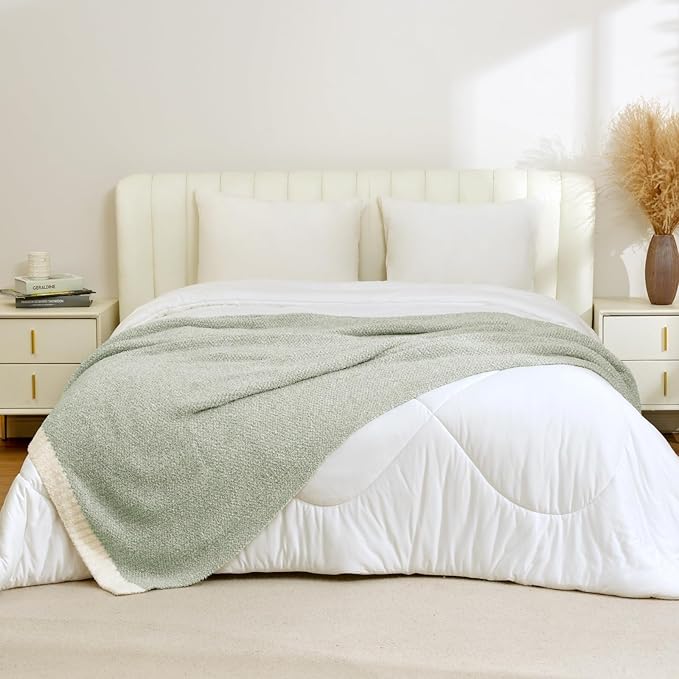 Snuggle Sac Heather Throw Blanket for Couch, Reversible Super Soft Blankets Warm Cozy Knit Fuzzy Plush Lightweight for Sofa, Bed, Camping, Picnic (Sage Green, Twin (60"x80"))