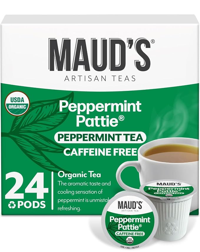 Maud's Organic Peppermint Tea Pods, 24 ct, Single Serve Pods – 100% Gourmet Blended Tea Leaves, Compatible with Keurig K Cups Maker
