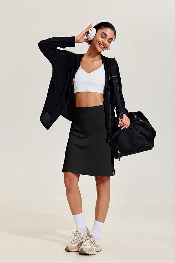 COOrun Women's 20" Knee Length Skirts High Waisted Golf Skorts with Pockets | Soft, Quick Dry, Split Hem, Built-in Shorts, A-line, Modest Skirts, for Golf Athletic Tennis Work Casual