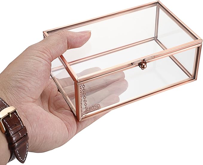 Hipiwe Vintage Glass Keepsake Box Rectangle Jewelry Display Organizer Lidded Box Home Decor Glass Decorative Box for Trinket Rings Earrings Bracelet, Rose Gold, Small