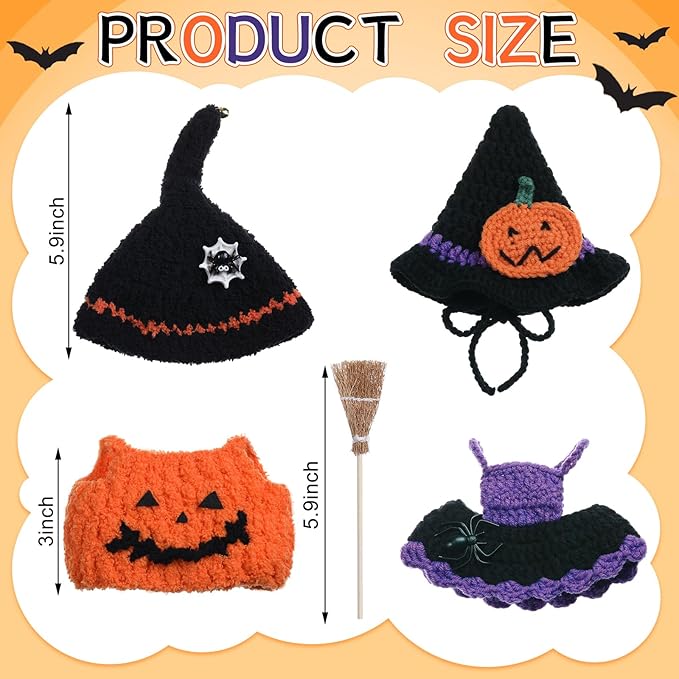 Sumind 2 Sets Halloween Doll Clothes for 17cm Dolls Cute Pumpkin Outfit with Witch Hat Skirt & Broom Accessories Spooky Costume for 6-7 Inch Fashion Dolls Collection(No Doll)