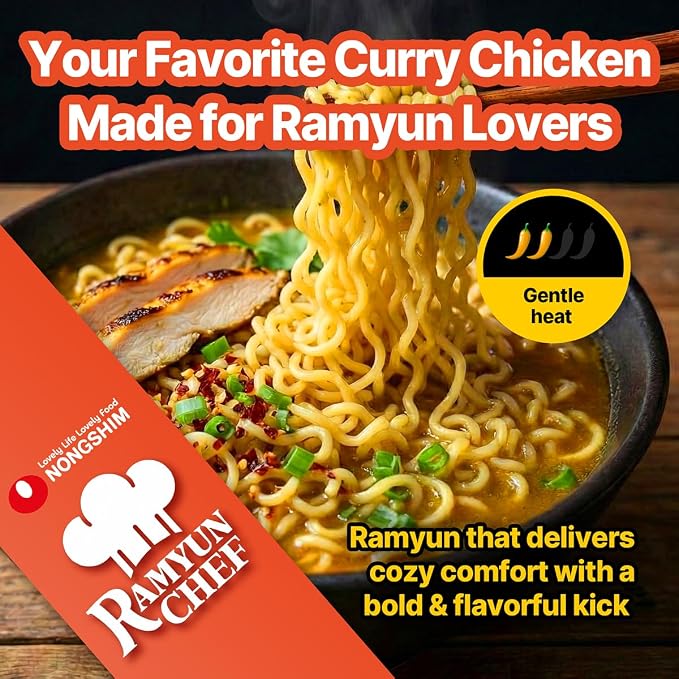 Nongshim Ramyun Chef, Instant Ramyun Noodles with Soup Mix, Curry Chicken, 4.02 Oz (Pack of 4)