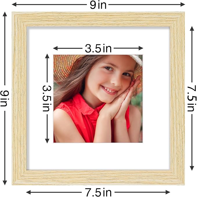 Vittanly 8x8 Picture Frames Set of 9 for Wall or Tabletop Display, OAK | Display Pictures 4x4 with Mat or 8x8 without Mat for Wall Mounting, Square Photo Frames for Home Decor, Engineered Wood