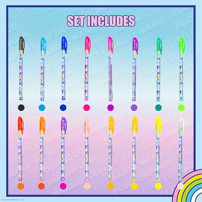 Townley Girl Hello Kitty and Friends 16 Piece Glitter Pen Body Art Set, Glittery and Bright Colors, Ages 3
