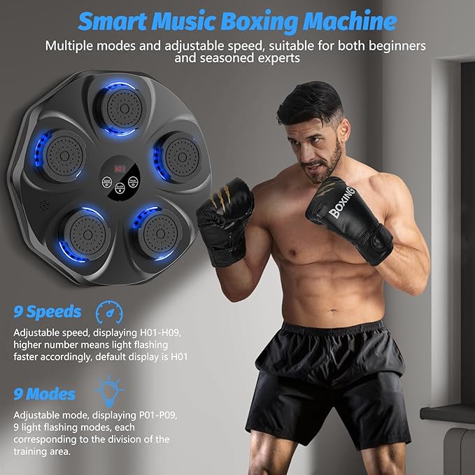Music Boxing Machine, Interactive Punching Trainer with Boxing Gloves, Large Size Wall Mounted Electronic Boxing Target for Adult Kids, 9 Modes & 9 Speeds