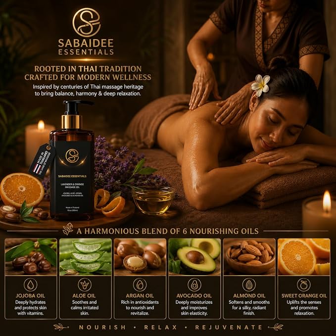Aromatherapy Massage Oil - Lavender & Orange Thai Body Oil for Massage Therapy - Relaxing Scented Body Massage Oil with Jojoba, Argan, Aloe, Avocado & Almond, Large 10 Fl Oz