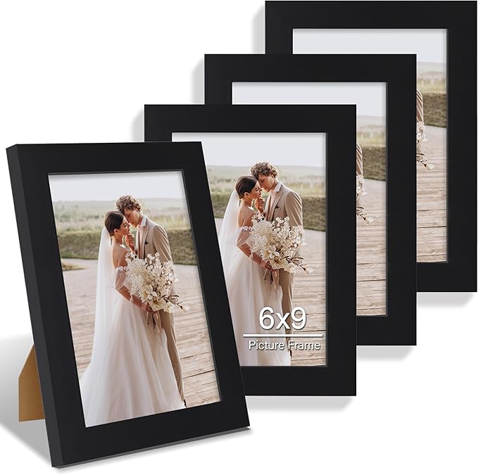 Hongkee 6x9 Picture Frame Set of 4, Made of Real Glass and Black Wooden Frame - 6 by 9 Photo for Wall or Tabletop Display