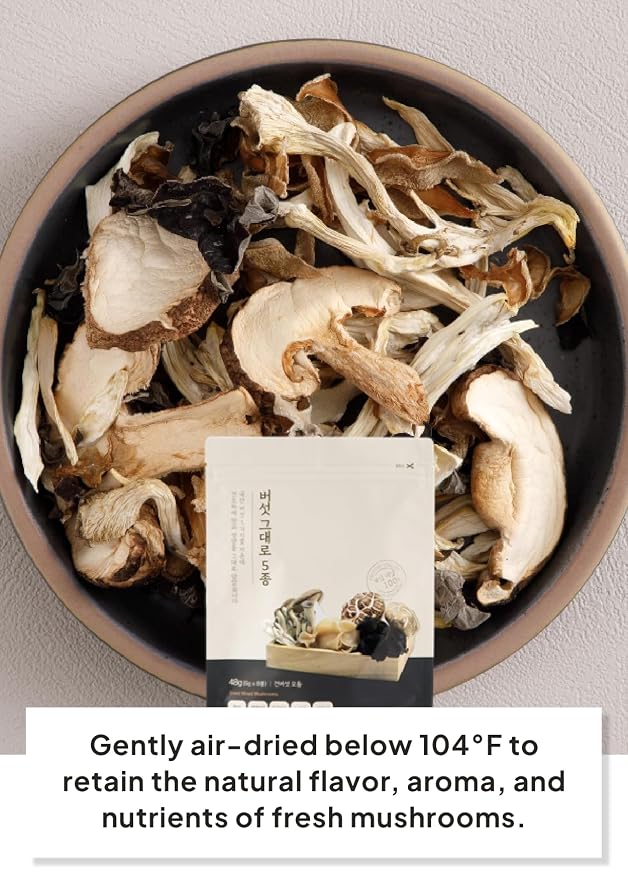 Korean Food Dried Mixed Mushrooms, 5 Varieties, Low-Temp Dried, 8 Packs | Five varieties of low-temperature dried mushrooms packed in convenient individual portions