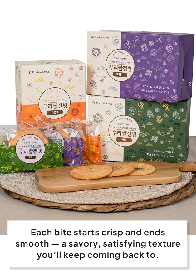 Korean Food Shinwhadang Rice Wafer Cookie Gift Set, 18Pk, Almond & Seaweed. | Gift set featuring oven-baked Korean rice wafer cookies in almond, black sesame, and seaweed flavors