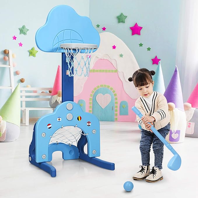 Costzon Kids Basketball Hoop, Toddler Sports Activity Center w/ 5 Adjustable Height Levels, Basketball Soccer Golf Game Set, Indoor Outdoor Basketball Hoop Set Gift for Baby Infant