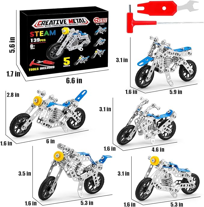 Building Kit Model Motorcycle Set, 5 in 1 Metal Motorbike STEM Project Building Toys for Kids Ages 8-12, DIY Assembly Metal Motorcycle Toys Model Gift
