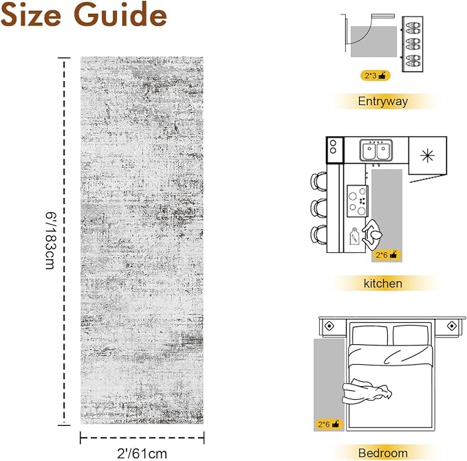 2x6 Ft Washable Runner Rug, Non-Slip Low Pile Hallway Kitchen Area Rug, Soft Long Entryway Floor Mat Abstract Pattern Carpet for Bedside & High-Traffic Areas (Grey)