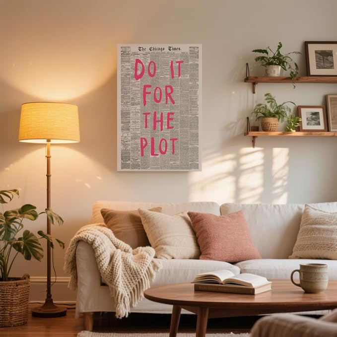 Do It For The Plot Vintage Newspaper Poster Retro Motivational Pink Wall Art Positive Daily Reminder Motivational Quote Print for Bedroom Office Home Decor Aesthetic 24x36inch Wrapped Framed