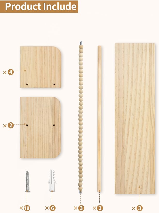 Maxpeuvon Nursery Shelves for Wall Set of 3, Natural Wood Floating Shelves | Kids Bookshelf with Towel Bar, Wall Mounted Organizer and Decor with Beads, for Kids Room, Bedroom and Kitchen
