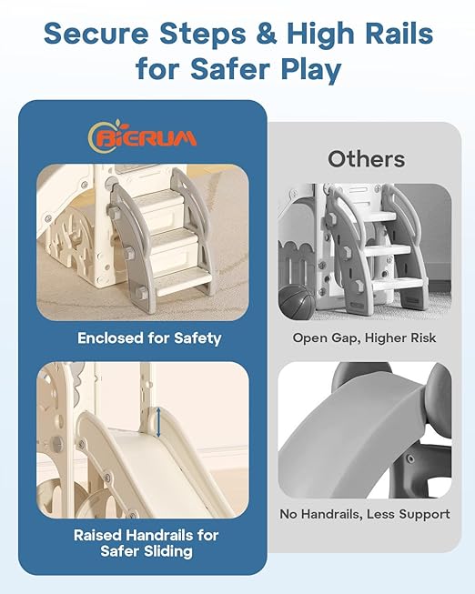 BIERUM Toddler Slide for Kids,6-in-1 Indoor Outdoor Toddler Slides Playground with Basketball Hoop, Golf Game & Telescope, L-Shaped Baby Slide Climber Playset, Cream&Gray