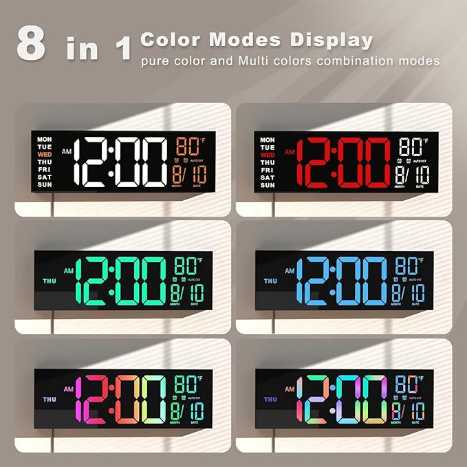 JALL 13" Large Digital Wall Mount Clock, Count Down Timer, Alarm, Big LED, 8 RGB Color, DST, Temperature for Living Room Classroom Desk, Xmas, Birthday Gift for Senior Mom Dad, Blue