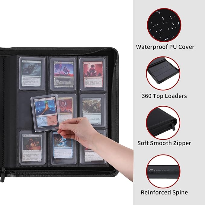 Snekdy Top loader Binder, 9 Pockets Top Loader，Holds 360 Top Loaders cards, Card binder with Sleeves for card in 3 x 4 inches color smooth Zipper PU Leather (Black)