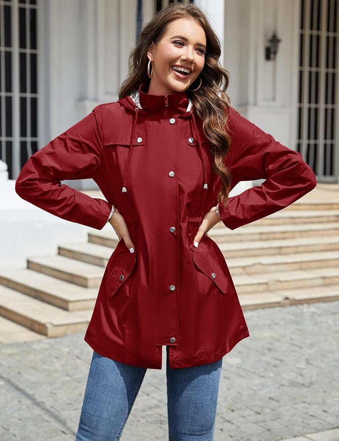LOMON Women Waterproof Outdoor Hiking Raincoat Women Lined Rain Jacket Lightweight Hooded Jackets Trench Coats