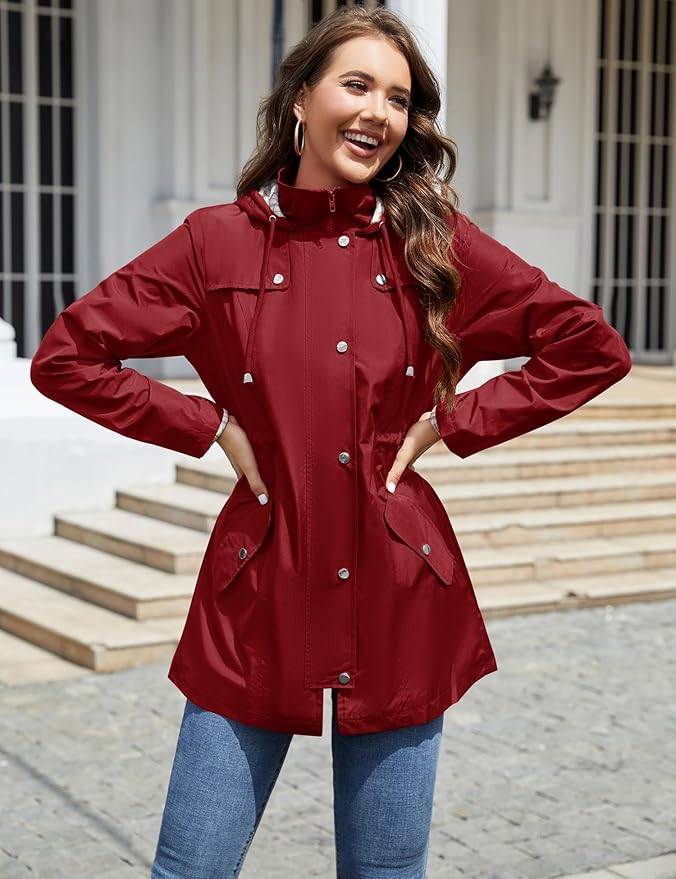 LOMON Women Waterproof Outdoor Hiking Raincoat Women Lined Rain Jacket Lightweight Hooded Jackets Trench Coats