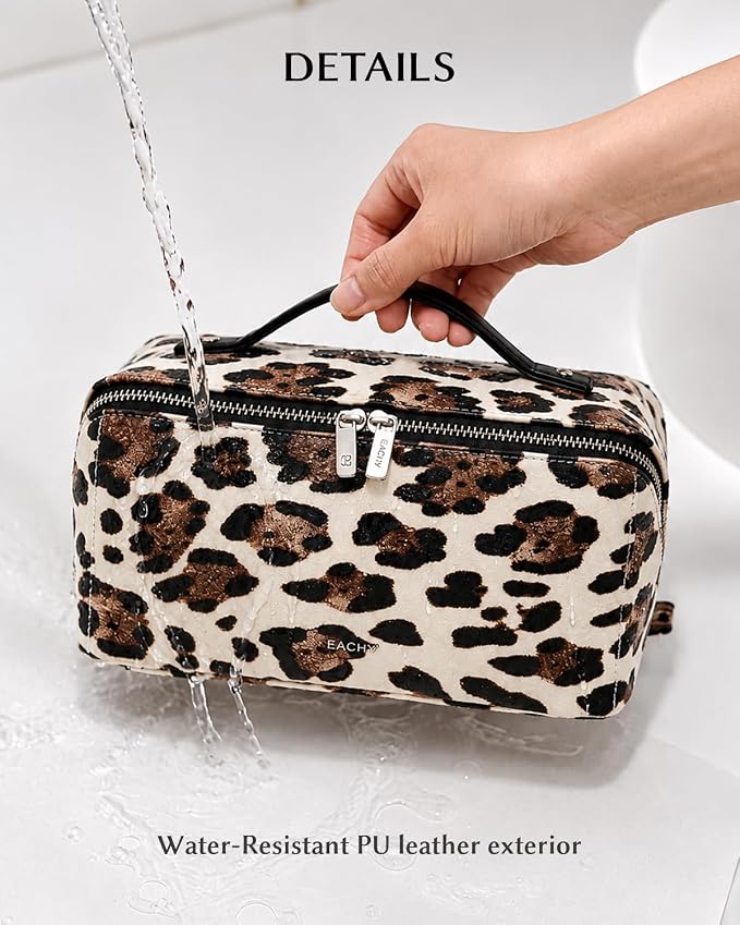 EACHY Travel Makeup Bag, Large Capacity Cosmetic Bag for Women, Waterproof PU Leather, Flat Open Portable Toiletry Bag for Skincare, Brushes & Travel Essentials
