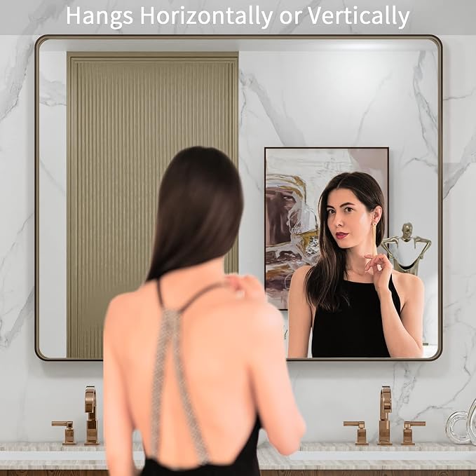 LOAAO 40"X36" Bronze Bathroom Mirrors for Vanity | Rounded Rectangle, Brushed Bronze Metal Frame, Anti-Rust, Tempered Glass, Hangs Horizontally or Vertically