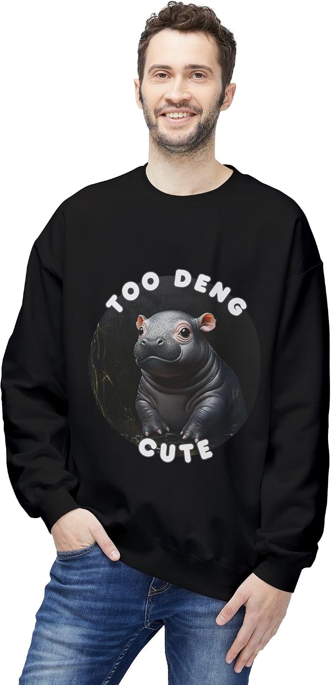 Unisex Fleece Crewneck Sweatshirt - Too Deng Cute Moo Deng Hippo, Cozy Cotton Blend, Classic Relaxed Fit