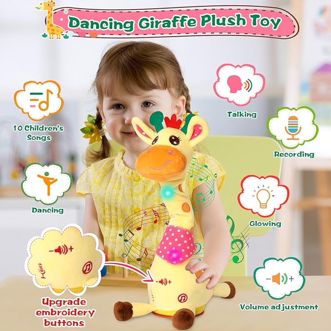 MIAODAM Dancing Talking Giraffe Stuffed, Singing 10 Children's Song, Stuffed Baby Toy Repeats What You Say, Colorful Glowing Giraffe Plush Interactive Toys for Baby 1-3 Year