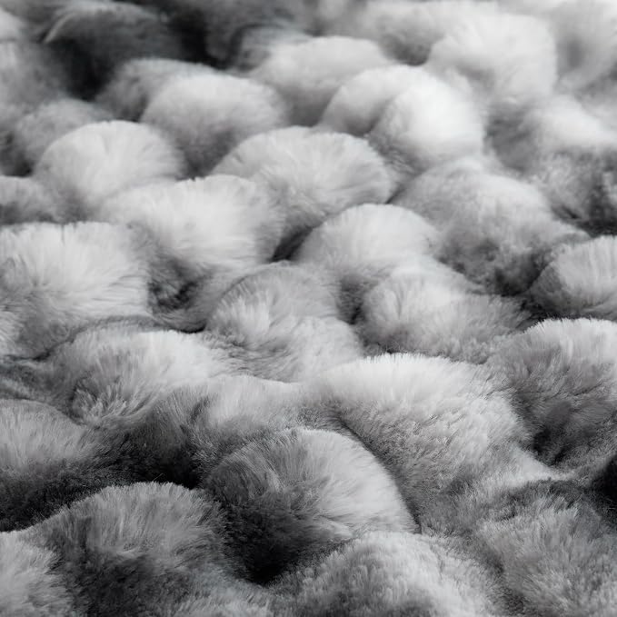 COOVA Faux Fur Throw Blanket for Couch, Cozy Soft and Fuzzy Plush Rabbit Fur Bubble Blanket for Sofa Bedroom Living Room, 50x60 Inches Tie Dye Light Grey
