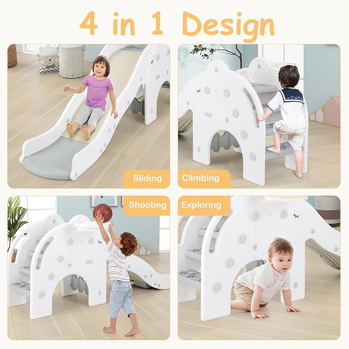 INFANS Toddler Slide, 4 in 1 Indoor Kids Slide Wave Slideway Max Load 330lb for Age 18+ Months with Basketball Hoop Ball, Outdoor Climber Freestanding Playset, Sturdy Plastic Playground Toy