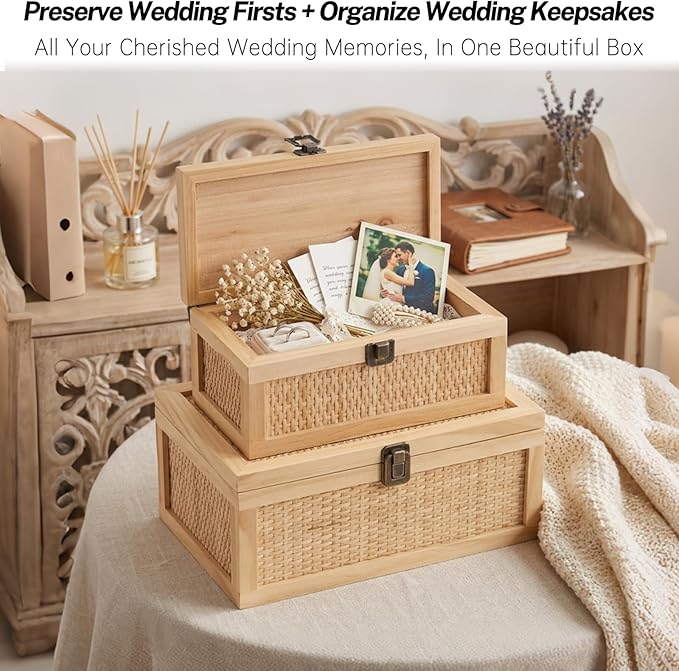 Rattan Decorative Boxes with Lids, Stackable Keepsake Box Set of 2 | Boho Decorative Box for Home Decor Secure Metal Latch Locks, Rustic Farmhouse Memory Box for Shelf, Photo, Wedding, Cards