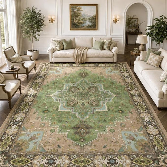 AMADA HOMEFURNISHING 8x10 Area Rug for Living Room, Vintage Washable Area Rug Low-Pile & Non-Slip Carpet for Bedroom Dining Room Nursery Home Office, Green